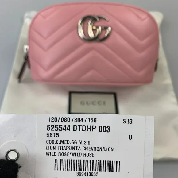 NWT Gucci GG Marmont Cosmetic Pouch in Pink Quilted Chevron Leather - Picture 11 of 11